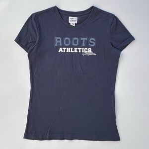 Roots 73 Athletics 100% Navy Blue Cotton T Shirt Size Women’s Small Spell Out